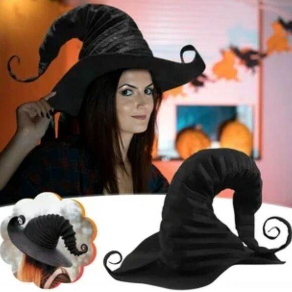 Pointed Curled Crown Wide Brim Felt Black Witch Hat - NEW - Picture 3 of 4
